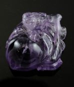 A Chinese amethyst carving of a bat on a peach branch, with a sprig of lingzhi fungus behind, 4.