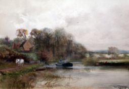 Henry Charles Fox (1855-1929)watercolour,Dray horse and barge along a canal,signed and dated 1909,