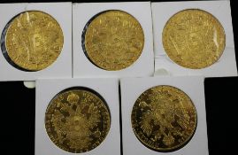 Five Austrian "1915" four ducat gold coins.