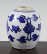 A Chinese blue and white ovoid jar, 17th century, painted with lotus flowers, tendrils and leaves