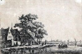 Antoni Waterloo (1609-1690)first state etching,Churchyard at the waterside,4 x 5.75in.