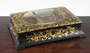 A 19th century Jennens and Bettridge rectangular papier mache box, the lid painted with an