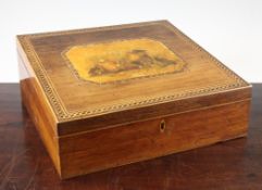 An early 19th century Tunbridgeware rosewood writing slope, the lid with a printed elongated