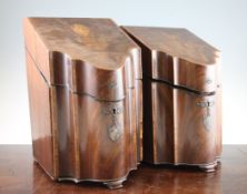 A pair of George III mahogany rosewood and chequer banded knife boxes, with serpentine fronts and