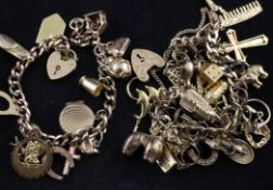 Two 9ct gold charm bracelets, both hung with assorted charms, gross 71 grams.