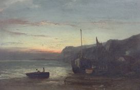 William John Roffe (c.1820-1890)oil on canvas,Beached fishing boats at sunset,signed,16 x 24in.