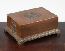 A Georg Jensen copper cigar box, designed by Johan Rhode, with stylised floral panels and initials