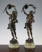 Auguste Moreau (1834-1917). A pair of Art Nouveau bronze figural table lamps, depicting a young