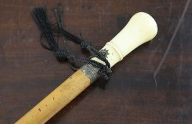 An 18th century ivory and pique work malacca walking cane, with brass ferrule and silver collar, 3ft