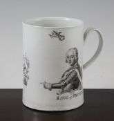 A Worcester `King of Prussia` cylindrical mug, c.1757, printed in black with a portrait of the