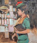 § Ken Moroney (1949-)oil on board,Elsie by a shop,signed,16.5 x 14.75in., unframed