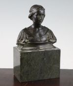 An Art Nouveau bronze bust of a maiden, signed A.Drury `96, on green marble plinth, 9in.