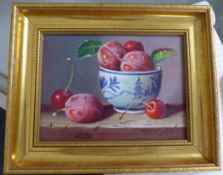 Raymond Campbell (20th C.)oil on board,Plums and Cherries in a china bowl,signed,6 x 8in.