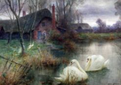J. Valentine Davis (1854-1930)watercolour,Swans before a cottage,signed,9.5 x 13.5in.