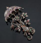 A 19th century French? open work rose gold, rose cut diamond and multi gem set brooch modelled as