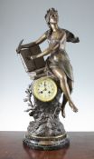 A late 19th century French bronzed spelter mantel clock, modelled as a figure representing L`