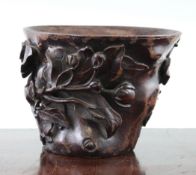 A large Chinese bamboo libation cup, 19th century or earlier, carved in high relief and open work