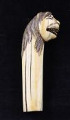 A 19th century Indian carved cane handle, modelled as a lion`s head, the open mouth with articulated