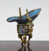 A Chinese cloisonne enamel and gilt bronze jue tripod vessel, 18th / 19th century, polychrome