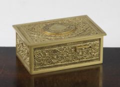An early 20th century swiss gilt brass singing bird box, cast with all-over filigree scroll