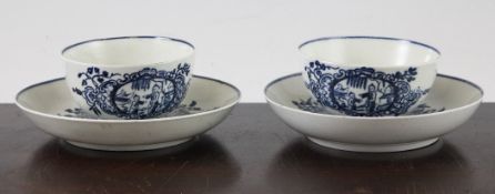 Two Worcester blue and white `Mother and Child and Man Fishing` pattern tea bowls and saucers, c.