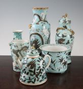 A group of late 19th century Chinese turquoise glazed ceramics, comprising, four vases, a teapot and