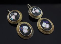 A pair of Victorian gold mounted pietra dura drop earrings, each with one round and one oval panel