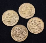 Four George V gold full sovereigns, 1912(2) & 1913(2).