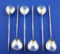 A set of six early 20th century Russian 84 zolotnik silver spoons, with engraved bowl backs and