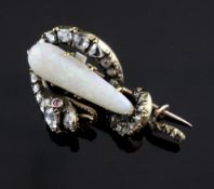 A Victorian gold, rose cut diamond, cabochon ruby and white opal set serpent brooch, with