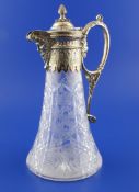 A late Victorian silver mounted cut glass claret jug by Walker & Hall, with engraved silver mount