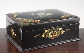 A Victorian papier mache rectangular work box, with polychrome and mother of pearl inlaid lid, the