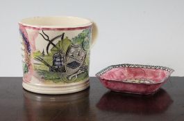 A Staffordshire pink lustre Farmers Arms mug and a Maling pin dish, the mug with inscription