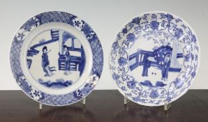 Two Chinese blue and white plates, Kangxi period, the first painted with two Long Eliza figures in a