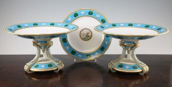 Two Minton Sevres style comports and a matching dessert plate, c.1868, each painted to the centre