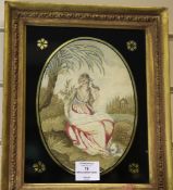 An early 19th century oval needlework panel, depicting a young lady seated aside a palm tree, within