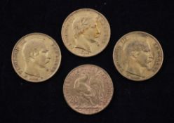 Four French 20 franc gold coins, 1859, 1860,1866 and 1907.