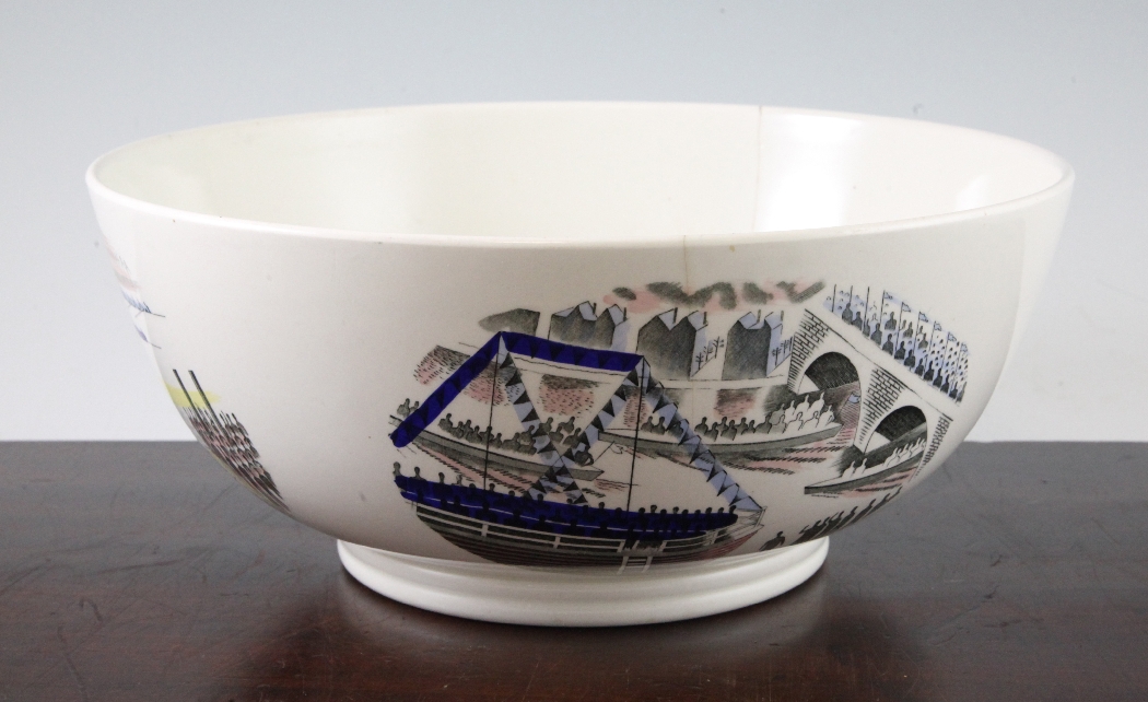 Eric Ravilious for Wedgwood. A large Boat Race bowl, 1938, the exterior with four oval reserves of