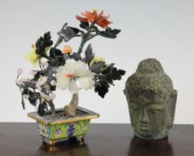 A Chinese hardstone model of a flowering tree and a bronze Buddha`s head, the hardstone tree with