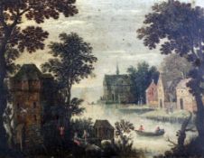 After Jan Brueghelpair of oils on copper panels,Continental landscapes with figures, building and