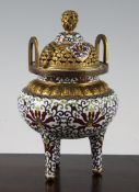 A Chinese cloisonne enamel and gilt bronze ding censer and cover, decorated in colours with lotus