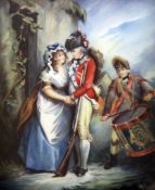 A Victorian porcelain plaque, decorated with a soldier departing for war, 5.5 x 4.75in.