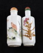 Two Chinese enamelled porcelain cylindrical snuff bottles, 1830-1900, the first with birds amid
