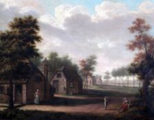 Early 19th century Dutch Schooloil on wooden panel,Village scene with figures on a lane,14.5 x 18.