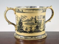 A massive Hartshorne pottery two handled loving mug, c.1840, transfer printed in black, with a scene