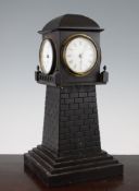 A late 19th century French Blumberg`s Patent ebonised centrepiece clock, modelled as a tower with
