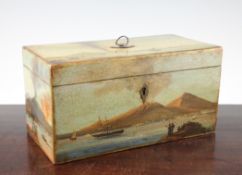 A 19th century painted rectangular tea caddy, decorated all over with scenes of Mount Vesuvius and