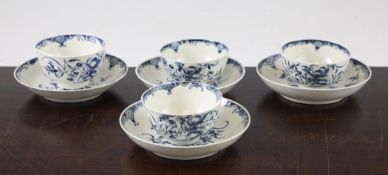Four Worcester blue and white `Mansfield` pattern tea bowls and saucers, c.1770, open crescent marks