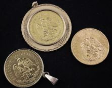 Three Mexican gold Centenario 50 pesos coins, two now with pendant mounts.
