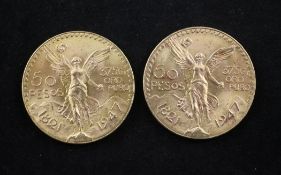 Two Mexican Centenario 50 pesos gold coins.